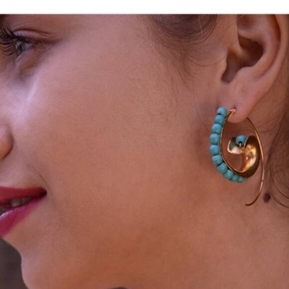 Ottoman Hands Bohemian Brass Turquoise Bead Hoop Earrings Boho Statement Jewelry - Picture 2 of 11